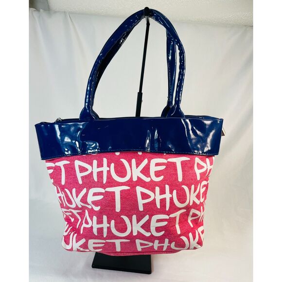 Robin Ruth Phuket Logo Tote Bag Blue Pink Patent Handle Shopper MOD - Picture 3 of 14